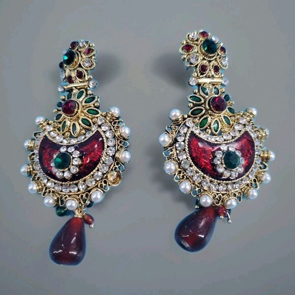 Unbranded Jewelry - Statement Earrings Dangle Enamel India Dane Gold Tone Faux Gems Beaded